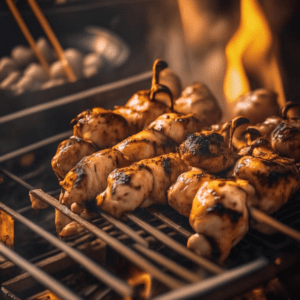 Шашлык из курицы шампурах, готовящийся на мангале