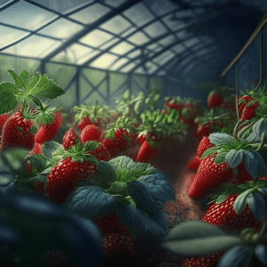Кусты клубники в теплице с ягодками